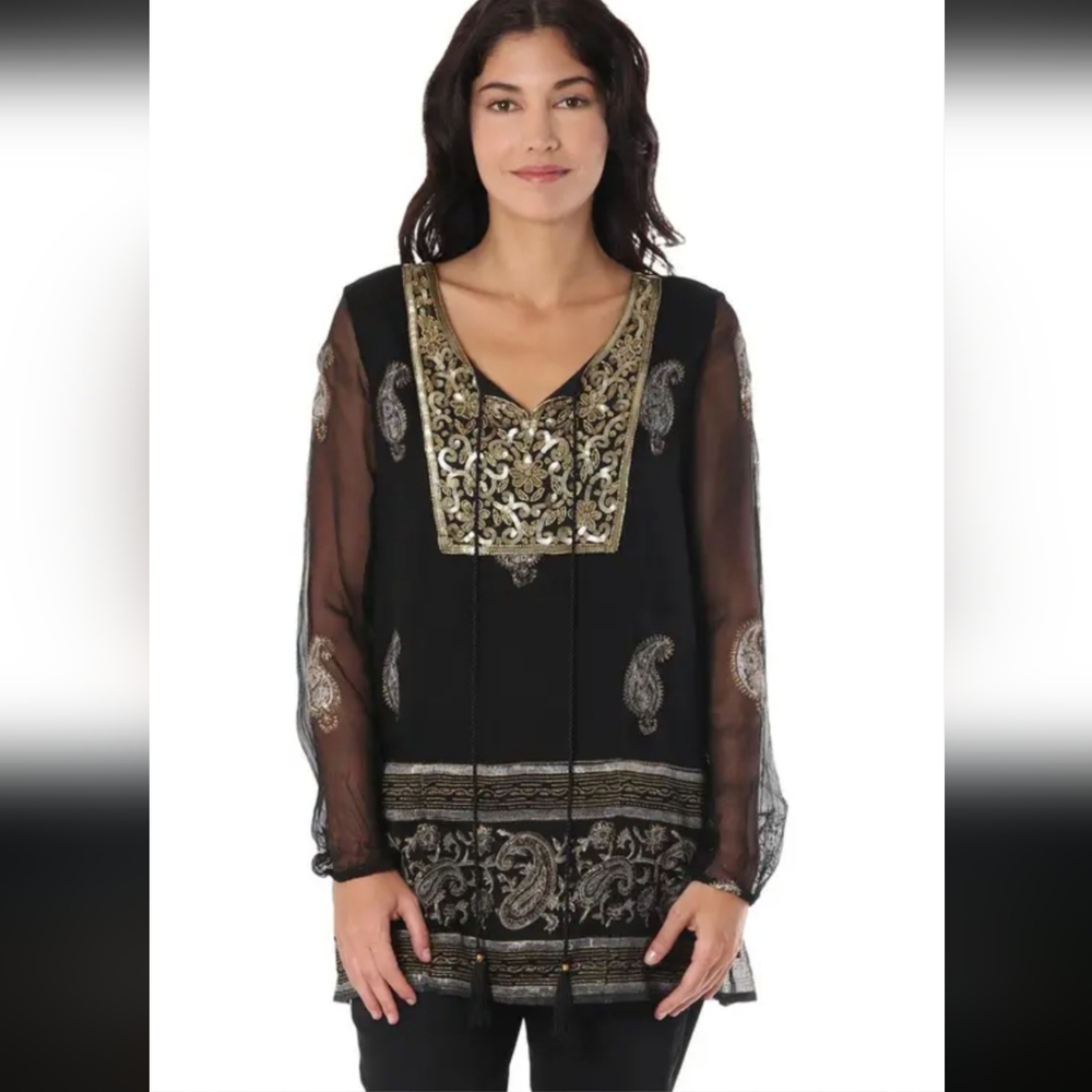 NEW By NOVICA Embroidered Black Tunic Top with Gold Accents SZ. M